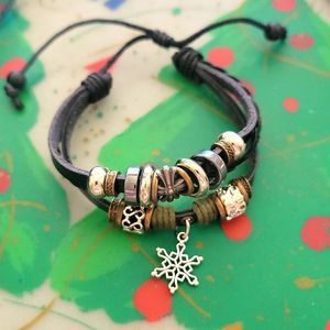 Snowflake Charm Black Leather Tie Adjustable Bracelet New